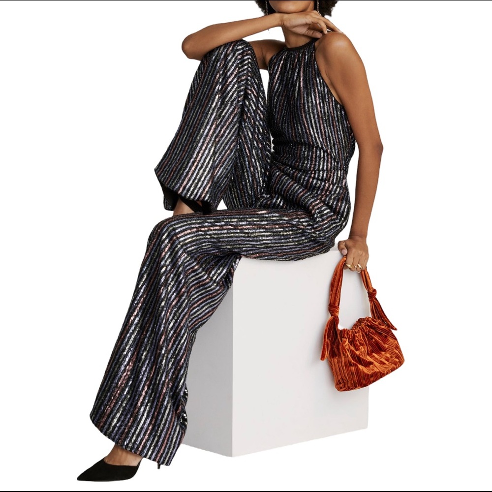 Maeve Anthropologie disco halter sequin jumpsuit